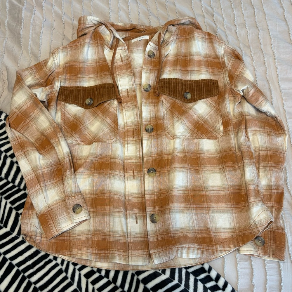 Brown/orange flannel button up with hood